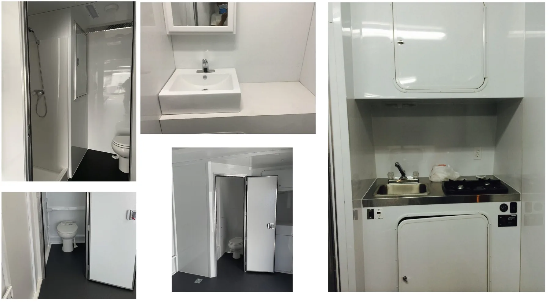 Sink, toilet, shower and stove installed in a trailer